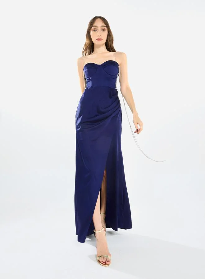 House of Moda Women Side Lace Detail Bodice Slit Gown Maxi Dress